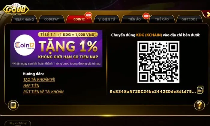 Khuyến mãi Go88 Khuyến mãi nạp KDG qua Coin12 hấp dẫn chỉ có tại Go88