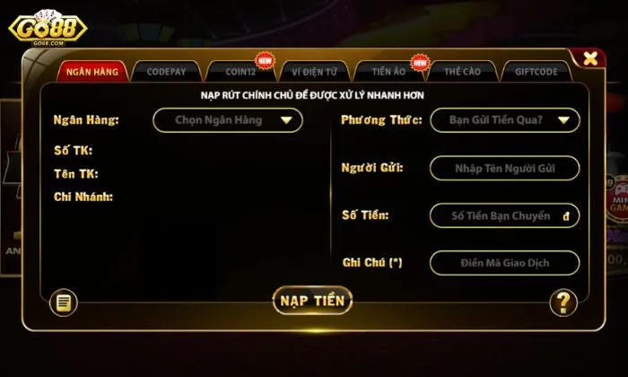 Nạp tiền Go88 Hướng dẫn nạp tiền Go88 qua Ngân hàng nhanh chóng