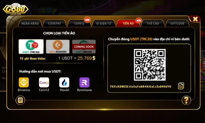 Nạp tiền Go88 Gửi tiền vào cổng game Go88 qua Tiền ảo dễ dàng