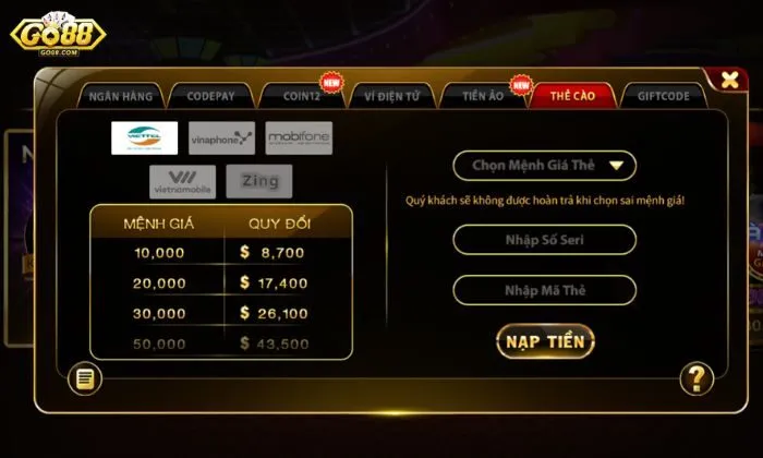 Nạp tiền Go88 Chuyển tiền vào tài khoản cá cược Go88 qua Thẻ cào thông dụng