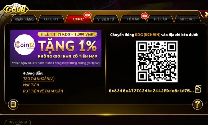 Nạp tiền Go88 Nạp tiền vào Go88 bằng Coin12 chi tiết