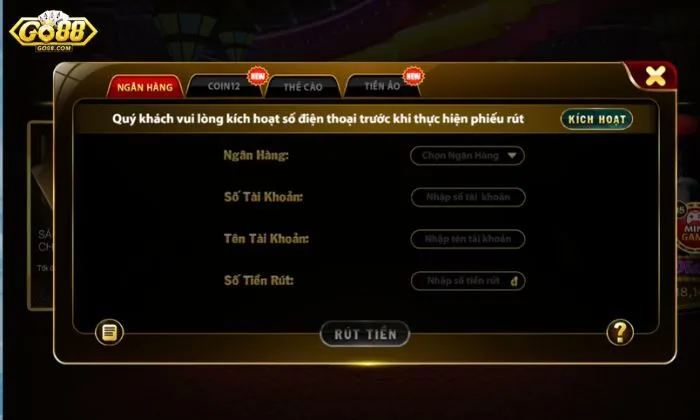 Rút tiền Go88 Hướng dẫn rút tiền Go88 qua Ngân hàng đơn giản