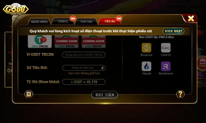 Rút tiền Go88 Rút tiền qua Tiền ảo tại cổng game Go88 chi tiết