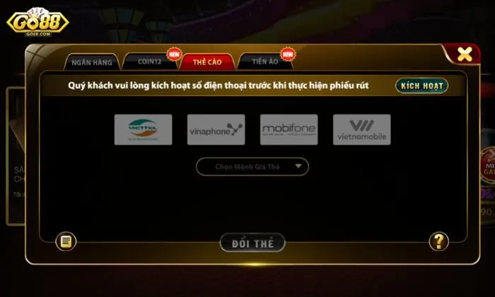 Rút tiền Go88 Rút tiền Go88 bằng Thẻ cào phổ biến